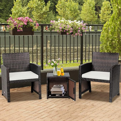 Tangkula 3 Pieces Outdoor Wicker Conversation Set with Waterproof Cover, 2 Patio PE Rattan Cushioned Chairs with Side Storage Table, Suitable for Front Porch, Balcony, Garden, Poolside (White)