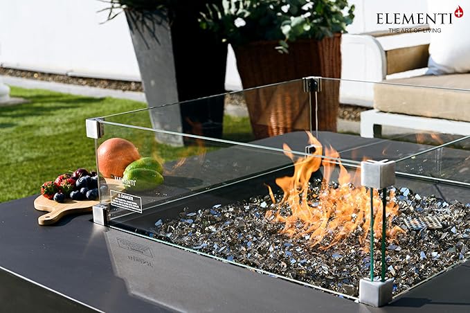 Elementi+ | Bergamo Gas Fire Pit Cast Concrete 42" Square Fire Table, Outdoor Fire Pit Electronic Ignition | Canvas Cover, Fire Glass and Burner Lid Included | Dark Gray | Natural Gas