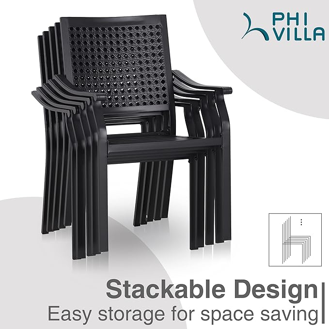 PHI VILLA Outdoor Conversation Set of 5 Piece Patio Furniture Dining Set for 4 Metal Chair Dining Table Set Modern Patio Wood-Like Table with Umbrella Hole for Outdoor Garden,Patio,Yard,Bistro