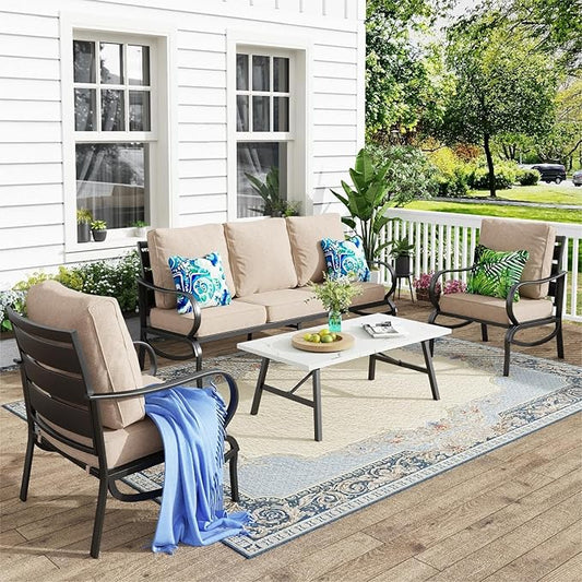 MFSTUDIO 4 Pieces Patio Conversation Set, 5 Seats Metal Outdoor Furniture Sets with 1 x 3-Seat Sofa, 2 Single Chairs,1 Coffee Table, All Weather Steel Frame Patio Sets with 5.75inch Beige Cushions