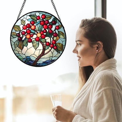 CRIS GIF Stained Glass Window Hanging - Red Fruit Tree Landscape Suncatcher for Doors Garden Patio Sun Catchers Decor Christmas Mother's Day Birthday Gifts for Women Men Mom Nana Friend 6.3 in