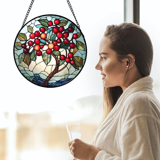 CRIS GIF Stained Glass Window Hanging - Red Fruit Tree Landscape Suncatcher for Doors Garden Patio Sun Catchers Decor Christmas Mother's Day Birthday Gifts for Women Men Mom Nana Friend 7.8 in