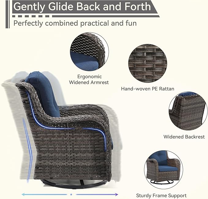 5 Pieces Outdoor Patio Furniture Set - Conversation Set Includes Wicker Swivel Rocker Chairs Set of 2, 2 Ottoman, 3 Seat Sofa, Suitable for Porch, Yard, Mixed Brown Rattan, Blue
