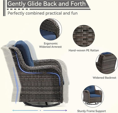 3 Pieces Outdoor Furniture Set - Patio Wicker Swivel Rocker Chair Set of 2 and 1 Side Table, Blue, Mixed Brown Rattan, Suitable for Porch, Yard