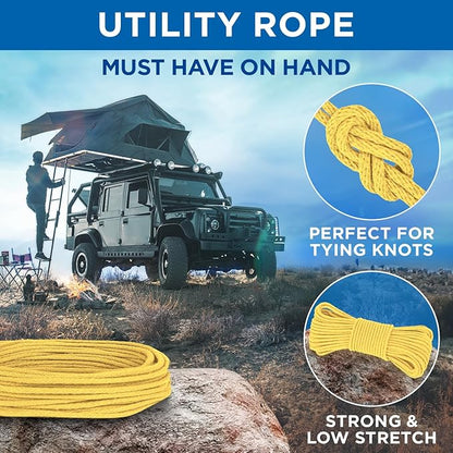 TECEUM Cotton Rope 3/16” (5 mm) – 100 FT – Strong All-Purpose Braided Rope – Natural Cotton – for Crafting, Сamping, Clothes Line, DIY, Indoor & Outdoor Use – Yellow