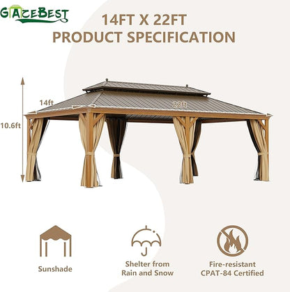 14' X 22' Hardtop Gazebo, Aluminum Wood-Looking Frame Outdoor Permanent Galvanized Steel Double Roof Pavilion Pergola Canopy with Privacy Curtains for Garden, Patio, Backyard, Deck and Lawns.