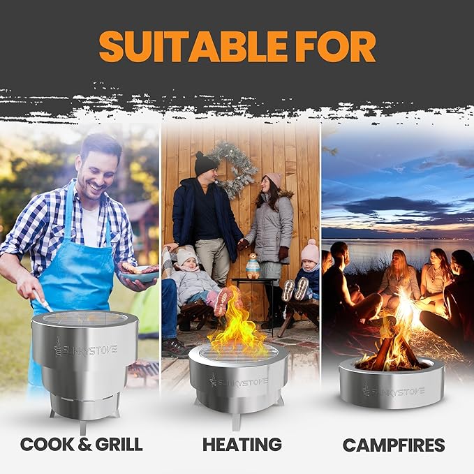 Slinky Stove Smokeless Fire Pit for Outdoor Wood-Burning - 7-Inch Patented Collapsible Firepit with Cooking Grill - Portable Stainless Steel Solo Pit for Camping, Backyard, Patio Bonfires