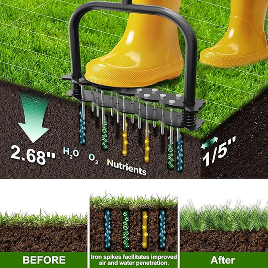 Lawn Aerator -Aerator Lawn Tool with 14 Iron Spikes, Automatic Dirt and Leaf Clean with Spring-Loaded Design, Height Adjustable Metal Manual Aerator, Soil Loosening, Yard Aerating, Garden Tool