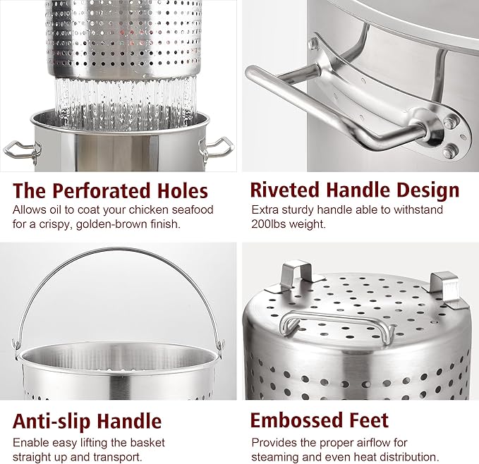 ARC 32QT Stainless Steel Stock pot with 55,000BTU Propane Burner, 6-Piece For Seafood Boil Pot with Basket and Steamer Rack,Cookware for Crawfish Crab Shrimp Lobster Boiling Pot, Turkey Fryer Pot