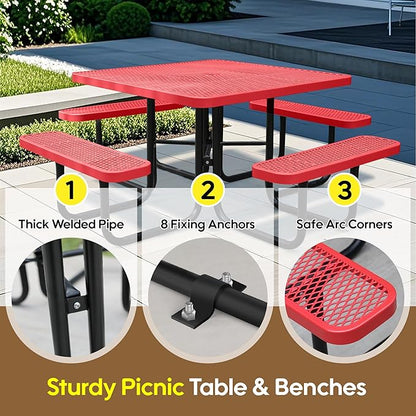 46Inch Square Picnic Table for 8 Person, Outdoor Heavy Duty Sturdy Picnic Tables with 4 Benches & Umbrella Hole, Commercial Metal Patio Picnic Table for Garden, BBQ, Coffee Store, Party, Porch (Red)