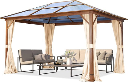 TOOLPORT Hardtop Gazebo 10x13 ft with Polycarbonate Roof - Wood-Like Finish - 4 Side Panels in Champagne