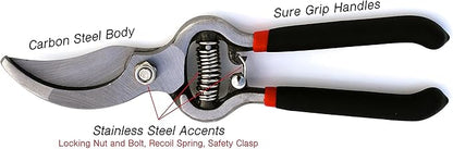 GARDEN GURU Classic Bypass Pruning Shears Clippers – Heavy Duty Forged Steel Garden Pruners – Safety Lock – Non Slip Comfort Grips – Cuts up to 1” Diameter – Professional Bypass Pruners for Gardening