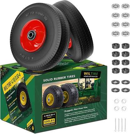 (2 Pack) 4.10/3.50-4 Flat Free Tire and Wheel 10-Inch Solid Wheel Replacement with 5/8 Extra 3/4 &1/2 Bearings,2.2" Offset Hub -Compatible with Hand Truck,Wheelbarrow(Wave,Red)