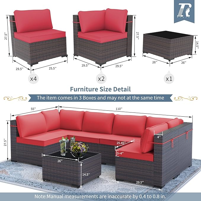 Outdoor Patio Furniture Set, 7 Pieces Outdoor Furniture All Weather Patio Sectional Sofa PE Wicker Modular Conversation Sets with Coffee Table,6 Chairs & Seat Clips(Red)