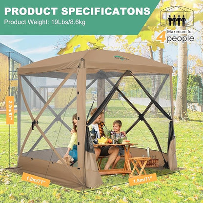 COBIZI 6x6 Pop up Gazebo Tent on Clearance, Ez up Waterproof Screen Tent Screen House with 3 sidewalls,Portable Outdoor Canopy with Carry Bag & Ground Stakes for Camping,Garden and Picnics, Khaki