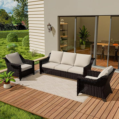 Vista Vibe 3 Pieces Outdoor Patio Conversation Furniture Set - 78" 3-seat Sofa | 2 Wicker Chairs, Deep Seat Loveseat, Removable Cushions, Hand-Woven PE Rattan Couch, Balcony (Brown/Beige)