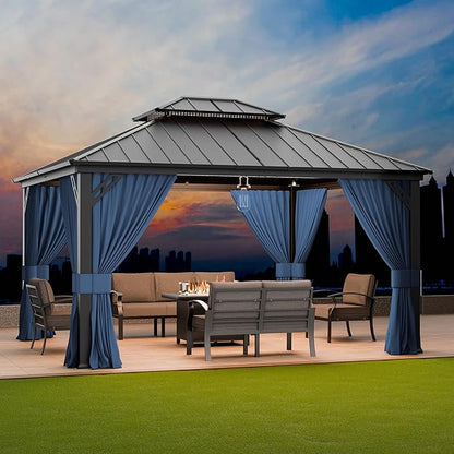 12’x14’ Hardtop Gazebo Outdoor Aluminum Frame Permanent Gazebo Galvanized Steel Double Roof Pergola with Nettings and Curtains for Patio, Lawns,Backyard, Deck(Navy)