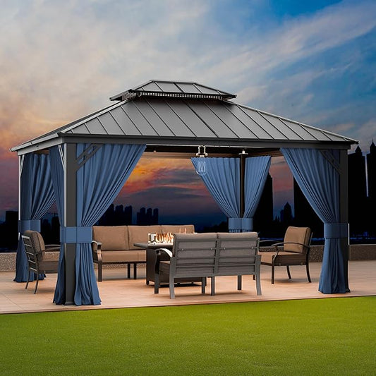 12’x14’ Hardtop Gazebo Outdoor Aluminum Frame Permanent Gazebo Galvanized Steel Double Roof Pergola with Nettings and Curtains for Patio, Lawns,Backyard, Deck(Navy)