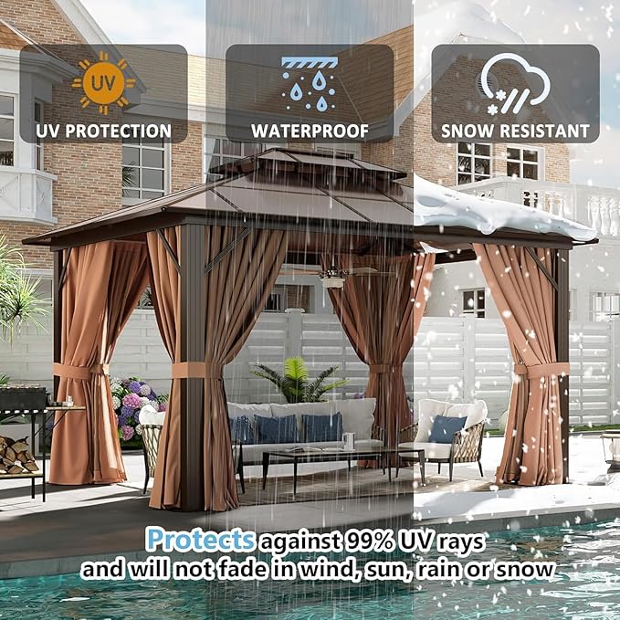 Aoxun 10' x 12' Outdoor Hardtop Gazebo Premium Polycarbonate Double - Roof Structure with Aluminum Frame, Complete with Privacy Curtains & Mosquito Netting for Backyard, Patio, Deck Parties (Brown)