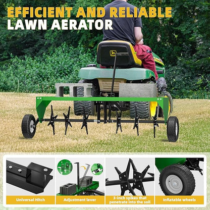 40" Lawn Aerator Tow Behind, Pull Behind Aerator with Universal Hitch, 24 Galvanized Steel Tines, Tray and Pneumatic Tires, Plug Behind Aerator is Suitable for Gardens, Lawns and Farms