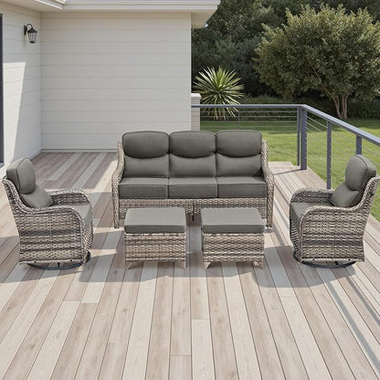 Rilyson Wicker Outdoor Patio Furniture Set - 5 Piece Patio Conversation Sets with Swivel Rocker Chairs, Ottomans and Sofa, 6 inch Cushions, Waterproof Wicker, for Porch Deck Mixed Grey/Grey