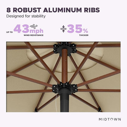 Midtown Umbrellas The Wooden 8 Feet Patio Umbrella With Terylast Chestnut (Beige) Polyester Fabric - Aluminum Frame Market Umbrella For Backyard, Deck, Garden, Pool - Wooden Pole