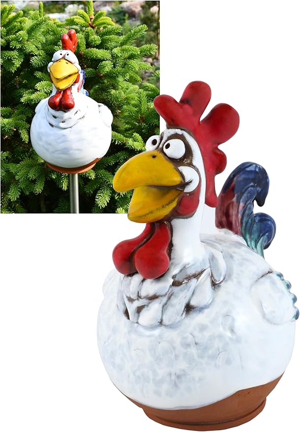 Ceramic Garden Decor - Rooster Lawn stake - Outdoor statue - Perfect, unique gifts for gardeners woman, men, yard gifts - Handmade, Frostproof