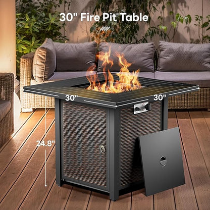 Wicker Outdoor Swivel Chairs Set of 4 with Fire Pit Table, 5 Pieces Patio Furniture Set with Fire Pit Table for Yard, Deck, Garden, Light Beige/Light Blue