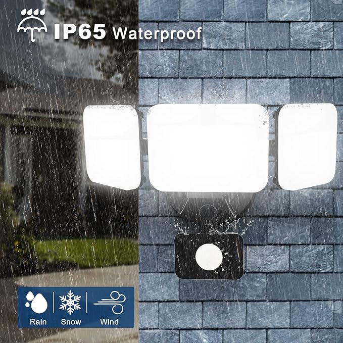 EMANER Outdoor Flood Lights Motion Sensor, Dusk to Dawn & Detection Adjust, Outside LED Security Lights 4500lm 120V, 5000K 3-Head Frosted Lens, Wall Lights for Patio/Driveway/Yard, (2-Pack, Black)