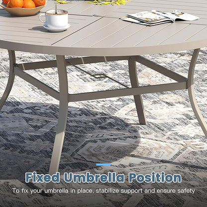 DIFY 59.8" Round Outdoor Patio Dining Table for 8-10, All-Weather Metal Steel Slatted Patio Table with 1.57" Adjustable Umbrella Hole, for Lawn Garden Porch Backyard, Sandshell