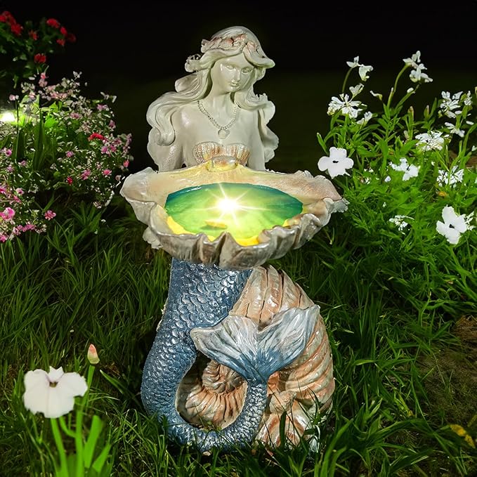 12" Mermaid Garden Lighting Statue Art, Solar Night Light, Yard Sculpture, Outdoor Lawn Solar Decor, Powered Statue, Landscape Path Light Ornament Figurine, Vivid Mermaid Lamp