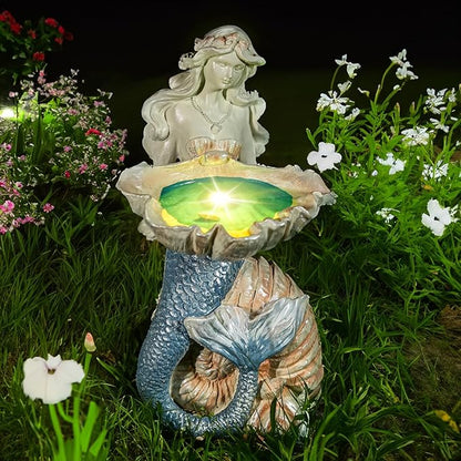 12" Mermaid Garden Lighting Statue Art, Solar Night Light, Yard Sculpture, Outdoor Lawn Solar Decor, Powered Statue, Landscape Path Light Ornament Figurine, Vivid Mermaid Lamp