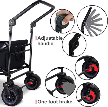 TMZ All Terrain Utility Folding Wagon, Collapsible Garden Cart, Heavy Duty Beach Wagon, for Shopping, Camping, and Outdoor Activities with Push Handle and Brakes (Black/Grey)
