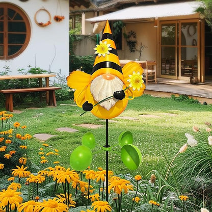 HONGLAND Gnome Metal Yard Art, Gnomes Garden Statue Outdoor Decor, 48 inch Gnome Decorations 360 Degrees Swivel Wind Spinner for Outdoor Patio Garden Backyard Décor - Bee