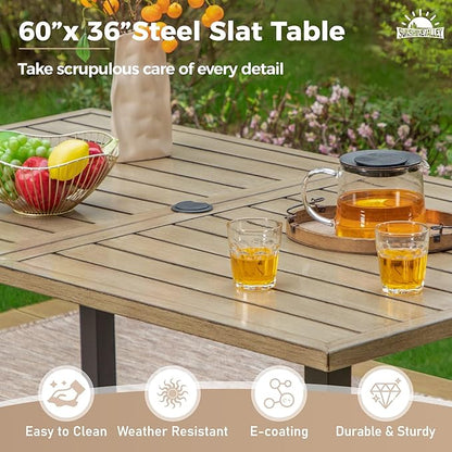 Patio Dining Set for 6, Rectangular Wood-Like Metal Table with Umbrella Hole and 6 Dining Chairs, Outdoor Table and Chairs for Lawn Garden Backyard and Deck, Red