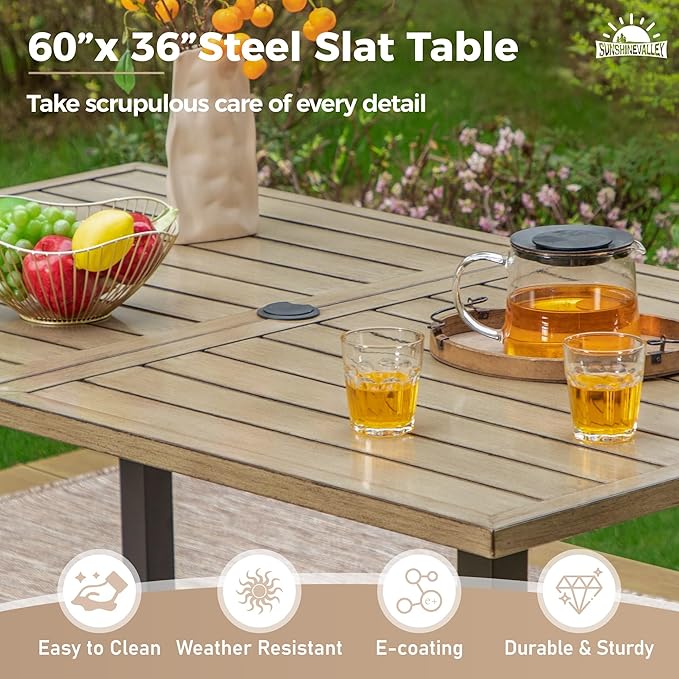 Patio Dining Set for 6, Rectangular Wood-Like Metal Table with Umbrella Hole and 6 Dining Chairs, Outdoor Table and Chairs for Lawn Garden Backyard and Deck,Blue