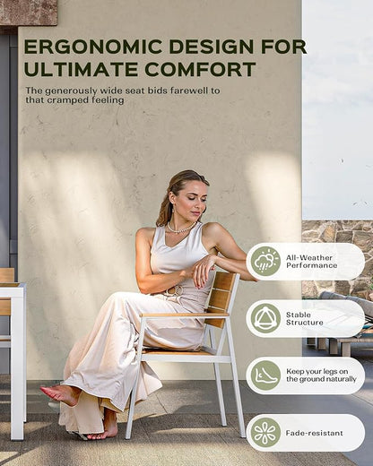 Outdoor Dining Set, Patio Table and Chairs of 4, Aluminum Outdoor Furniture Set with Umbrella Hole, HDPS Patio Dining Table Set for 4 (White-Teak)