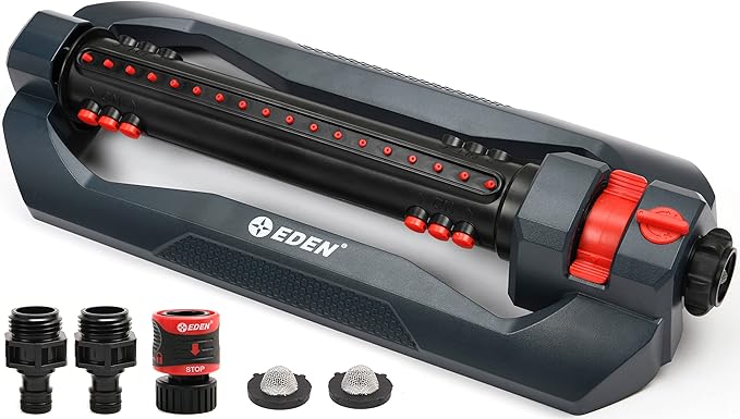 Eden 96212 Turbo Oscillating Sprinkler, Covers Up to 4,499 sq. ft., 18 Precision Nozzles, Flow and Width Controls, Adjustable Range, Triple Nozzle Switches, Quick Connects, Filters