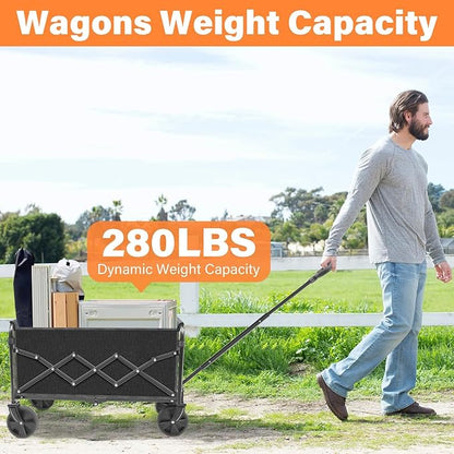 Wagons Carts Foldable, Collapsible Wagon Cart with Wheels - Beach Wagon Cart with Wheels for Sand Sports Camping Grocery, Black