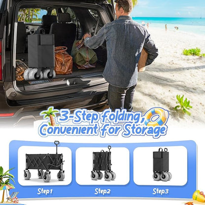 Beach Wagon with Big Wheels for Sand Heavy Duty Collapsible Wagon with 9" All Terrain Inflatable Tires, Foldable Beach Cart for Camping Outdoor Grocery Shopping Garden Sports