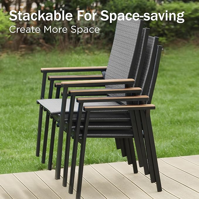 PHI VILLA Patio Dining Chairs Set of 4, Outdoor Lightweight Stackable Chair, All-Aluminum Frame and Sling Fabric, Wood-Like Armrest & Wider Seat for Deck Backyard Restaurant, Grey