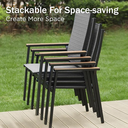PHI VILLA Outdoor Stackable Chairs, Patio Chairs Set of 2, Light Weight Aluminum Frame with Textilene Fabric & Wood Armrest, High Back Deck Chairs for Poolside Lawn Garden, Blue