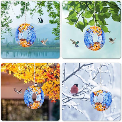 VCUTEKA Bird Feeder Solar Fly Through Bird Feeders for Outside Hanging with Round Shape Glass Container to Attract Wild Birds for Garden Decor, Solar Birdfeeder as Gift for Lovers, Multi 8-Inch