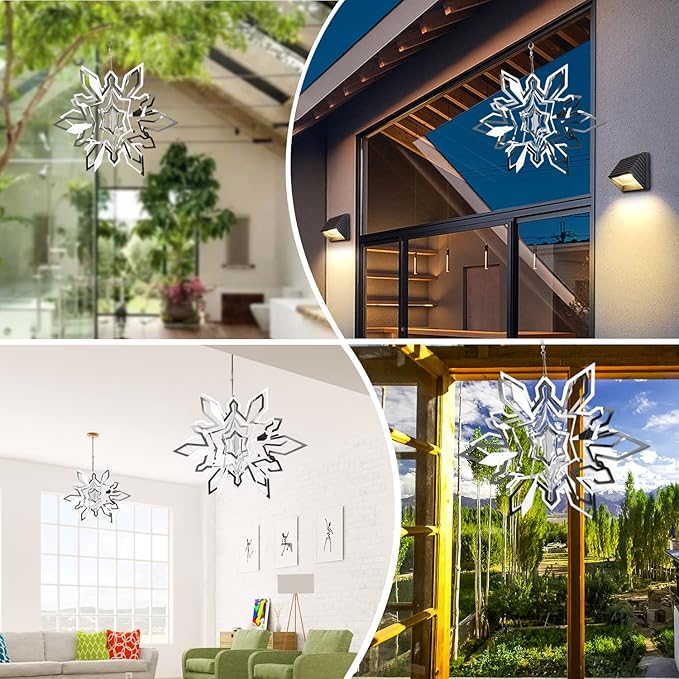 Hanging Wind Spinner Outdoor Metal Decorations, Silver Wind Spinners for Yard and Garden, 3D Mirror Stainless Steel Wind Sculptur Chime Indoor Outdoor Garden Decoration Worth Gift (Snowflake)