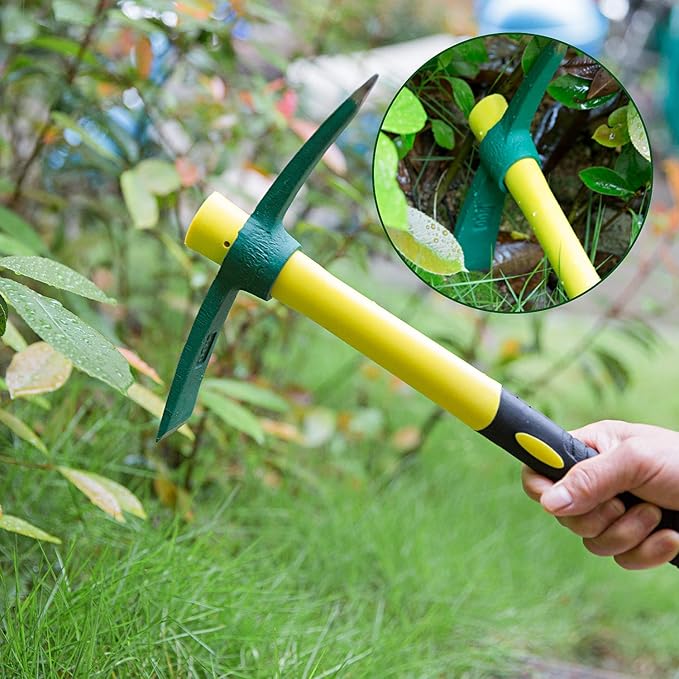 KINJOEK 15 Inch Pick Mattock Hoe, 1.4Lbs Forged Weeding Garden Pick Axe Pickaxe with Fiberglass Handle for Digging Loosening Soil, Gardening, Camping or Prospecting