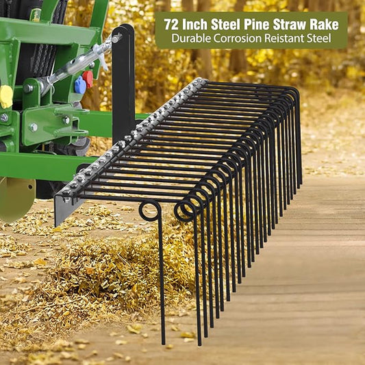 GAOMON 72 Inch Pine Straw Rake, 30 Coil Spring Tines Durable Powder Coated Steel Tow Behind Landscape Rake with 3 Point Hitch Receiver Attachment Fit to Cat0 Cat 1 Tractors for Leaves Grass, Black