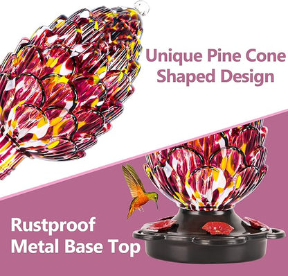 LUJII Pine Cone Shaped Hand Blown Glass Hummingbird Feeder for Outdoors Hanging, Rust Proof & Leak Proof, 25 fl.oz, Unique Gift for Bird Lover, Garden & Backyard Decor, Purple