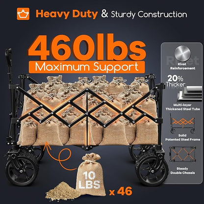 220L Collapsible Wagon Cart Foldable, 460lbs Load Capacity Heavy Duty Folding Beach Wagons with Big All-Terrain Wheels, Utility Carts for Groceries, Camping, Sports - Grey&Turquoise