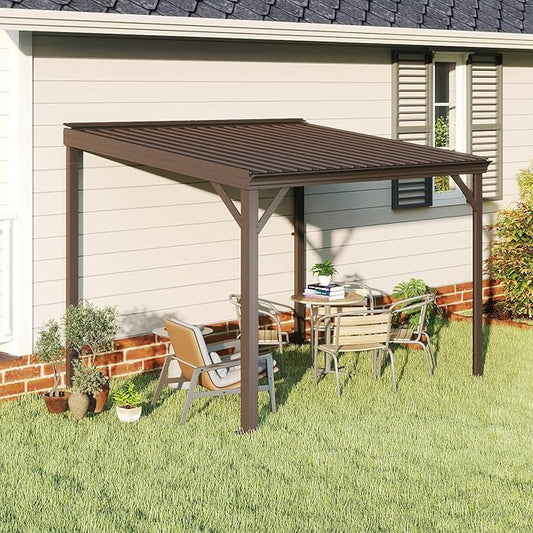 Domi 8’x10’ Wall-Mounted Hardtop Gazebo Pergola – Permanent Lean-to Outdoor Shelter with Sloped Galvanized Steel Roof & Upgraded Drainage – Grey Metal Patio Cover for Backyard, Deck, Garden,Brown