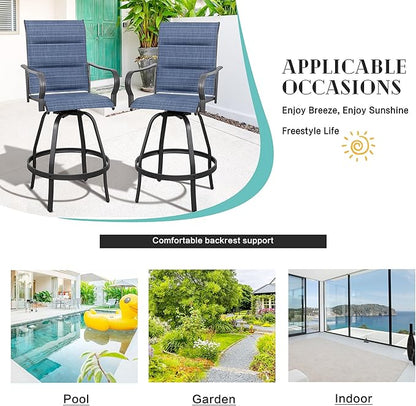 Vongrasig 4 Piece Outdoor Patio Swivel Bar Chairs, All Weather Padded Sling Textile High Top Bar Stools, Bistro Set for Backyard, Lawn Garden, Balcony, Padded Blue